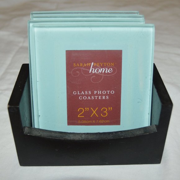 Sarah Peyton Home 4 Glass Photo Coasters With Wooden Holder Set - Picture 1 of 2